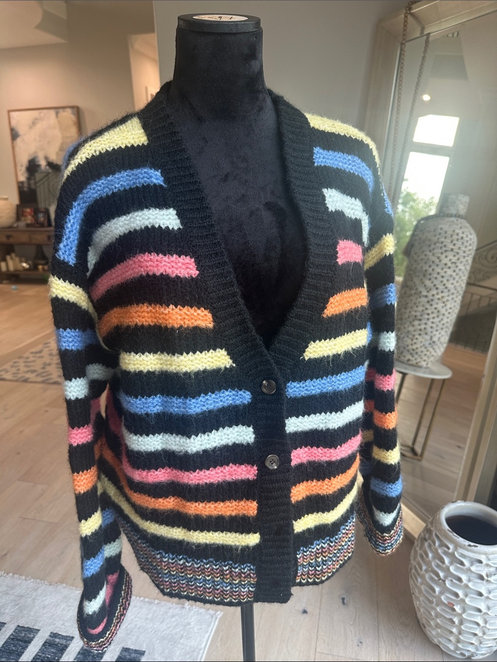 Rip Curl Black Cardigan with Multicolor Pastel Stripes